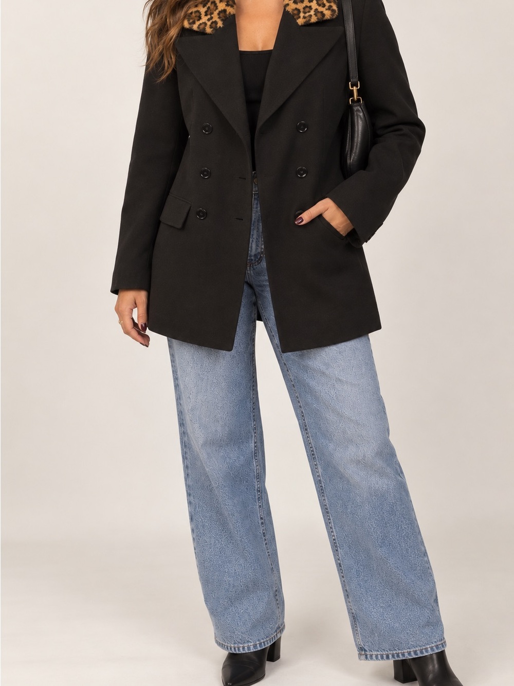 Lauren Ralph Lauren Black Double Breasted Blazer Leopard Faux Fur Collar Size 10 - Picture 2 of 5